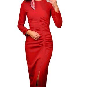 Zara Red Ruched Midi Dress – Long Sleeve, Like New